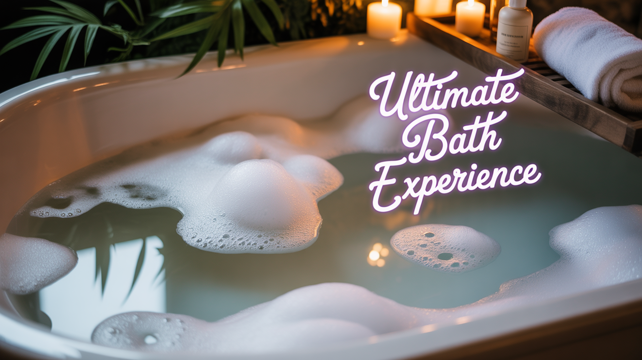A serene bubble bath scene with frothy foam in a white oval tub, soft candlelight, a wooden tray with a bubble bath bottle, a rolled towel, and a green plant in the background.