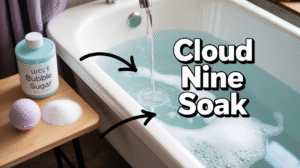 An image showing the advanced 'Bubble Blanket' technique for creating dense bath bubbles, with a person scooping foam to form a thick layer, and ingredients for the 'Cloud Nine Soak' recipe.