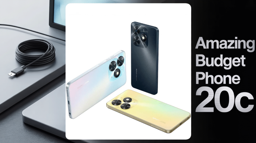 "Tecno Spark 20C front and back view showcasing 90Hz display, 50MP camera, and sleek design"