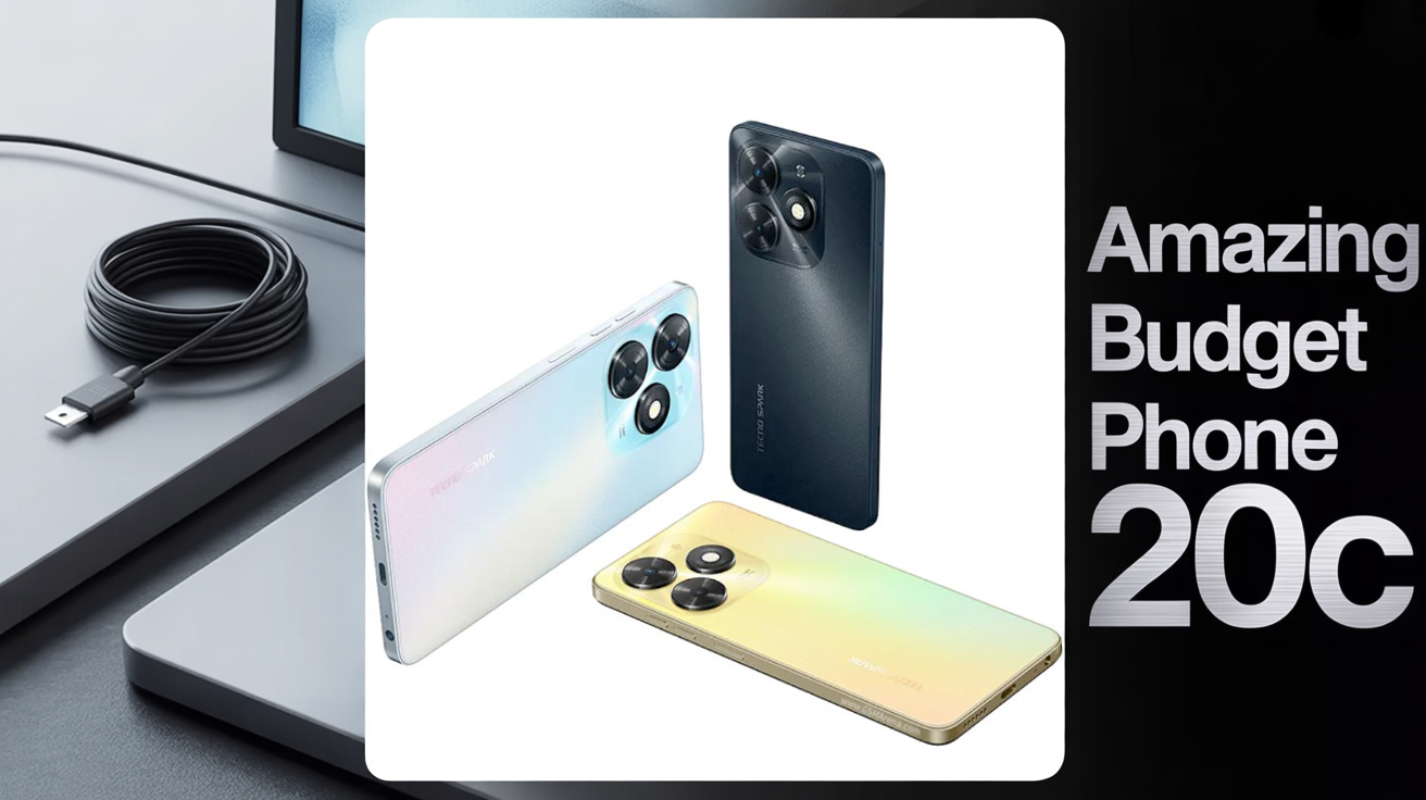 "Tecno Spark 20C front and back view showcasing 90Hz display, 50MP camera, and sleek design"